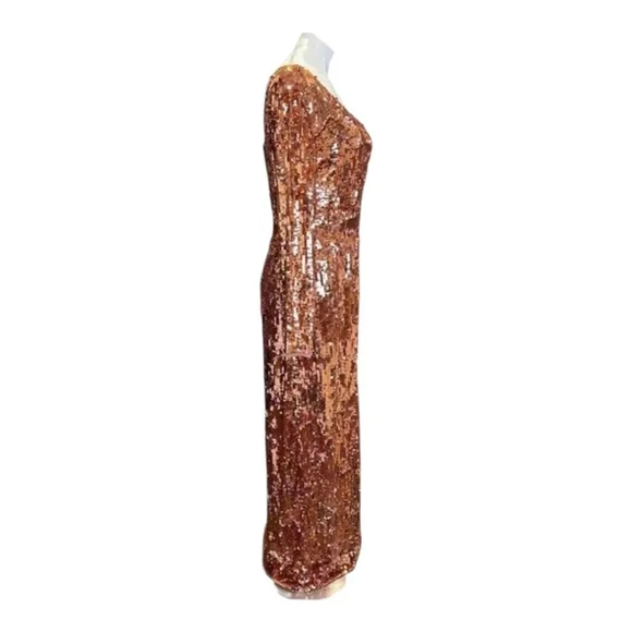Mac Duggal Cognac Gold Sequin One-Shoulder Gown Size 8 - Picture 5 of 11